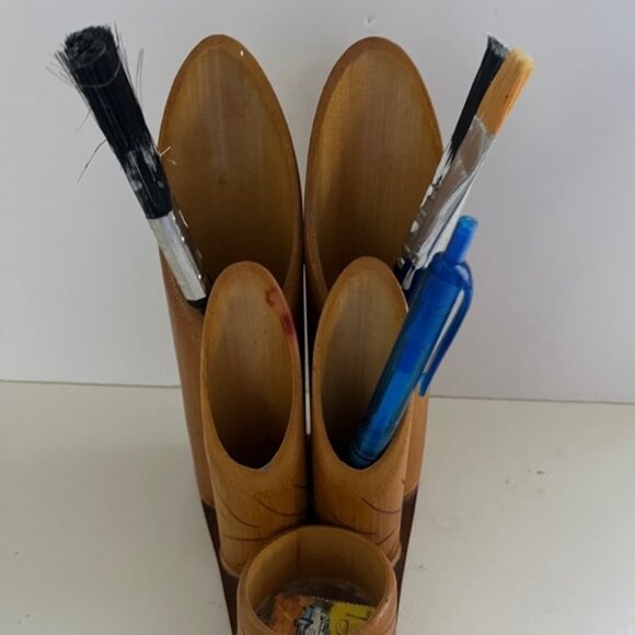 Vintage Bamboo Pen / Pencil Holder / Desk Set / Organizer - Picture 2 of 10